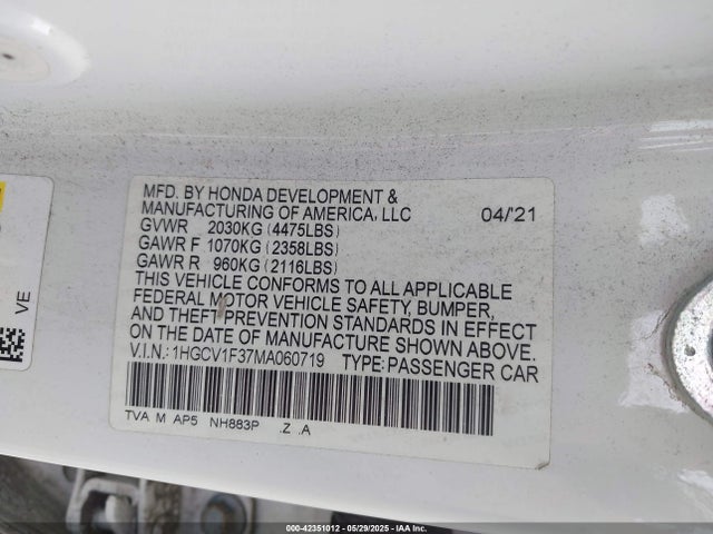 1HGCV1F37MA060719 Honda l15be