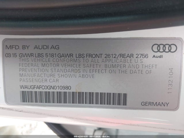 42351020 :رقم المزاد ، WAUGFAFC0GN010980 vin ، 2016 Audi A6 2.0t Premium Plus مزاد بيع