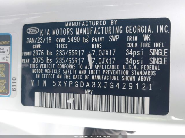5XYPGDA3XJG429121 KIA Sorento 2.4l Lx