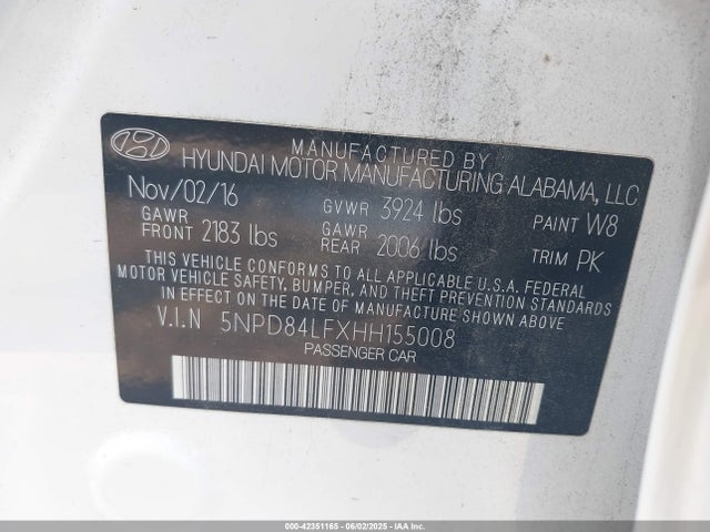 5NPD84LFXHH155008 Hyundai 2017