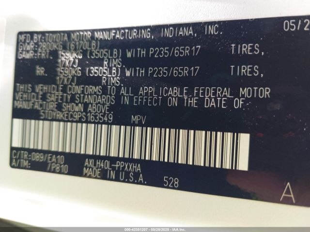 5TDYRKEC9PS163549 Toyota SIENNA XLE