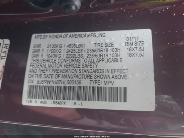 2017 HONDA CR-V 5J6RW1H87HL006159 Photo 8