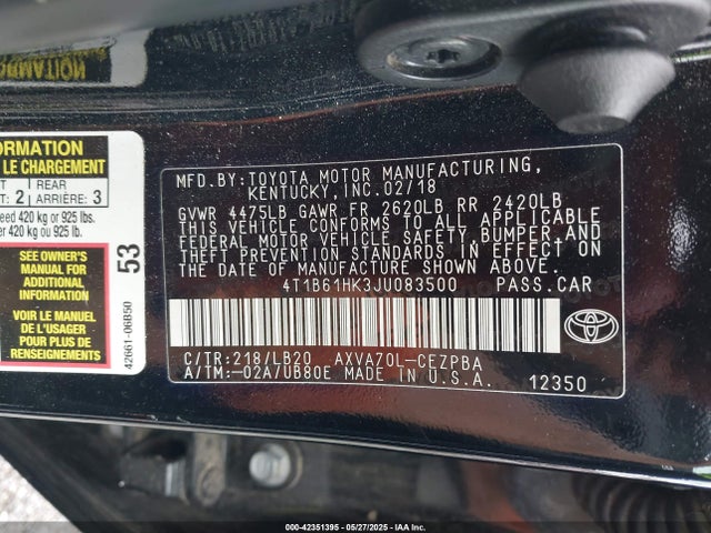 4T1B61HK3JU083500 Toyota CAMRY XSE