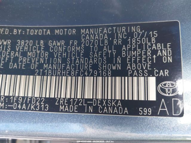 2T1BURHE8FC479168 Toyota Corolla L/le/le Plus/le Premium/s/s Plus/s Premium