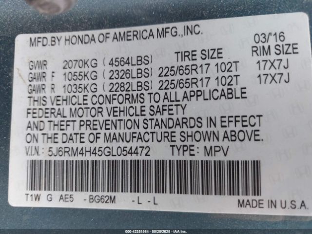 5J6RM4H45GL054472 Honda CR-V SE