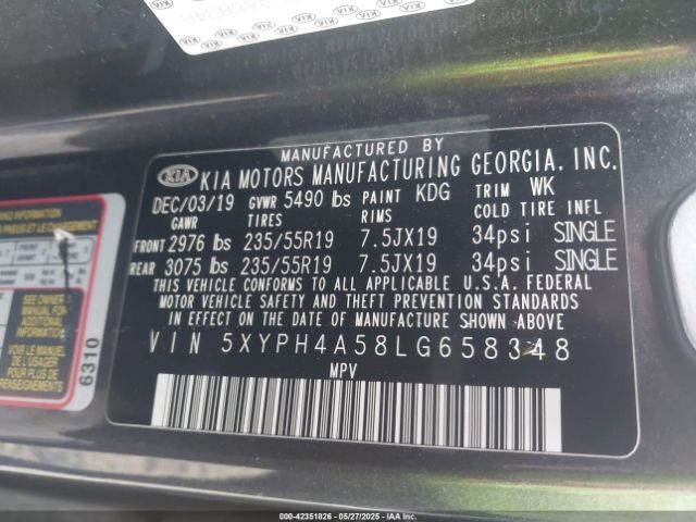 5XYPH4A58LG658348 KIA Sorento 3.3l Ex