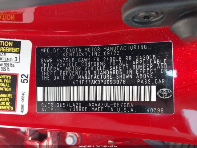 4T1F11AK3PU093978 Toyota a25a-fks