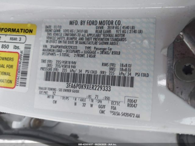 3FA6P0K9XER229333 Ford Fusion Titanium
