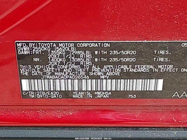 JTMABACA0PA026546 Toyota 1ym motor