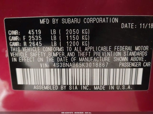 Subaru Legacy 2.5i 2019 4S3BNAB65K3018867 Image 25