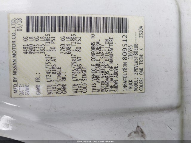 1N6AF0LY8JN809512 Nissan Nv Cargo Nv3500 Hd S V8