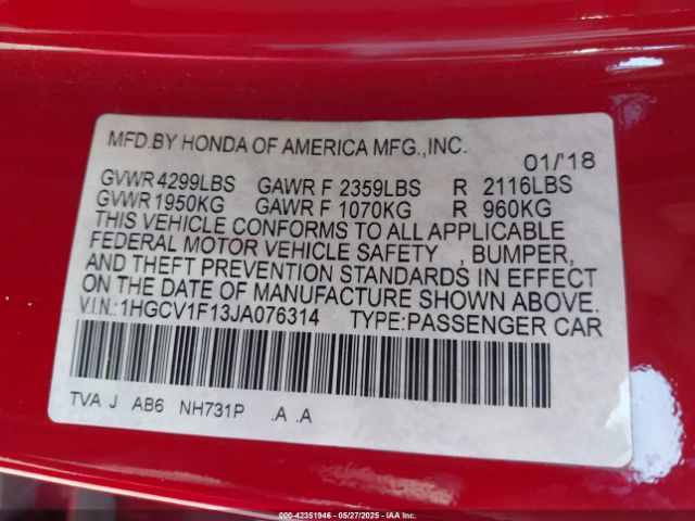 2018 HONDA ACCORD 1HGCV1F13JA076314 Photo 8