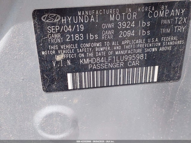42352066 :رقم المزاد ، KMHD84LF1LU995981 vin ، 2020 Hyundai Elantra Value Edition مزاد بيع