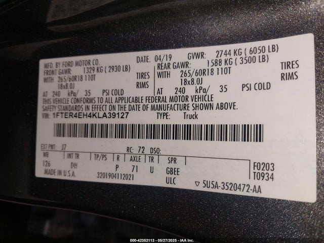 Ford Ranger Lariat 2019 1FTER4EH4KLA39127 Image 9