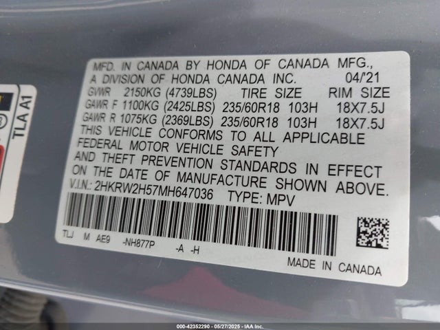 2HKRW2H57MH647036 Honda l15be