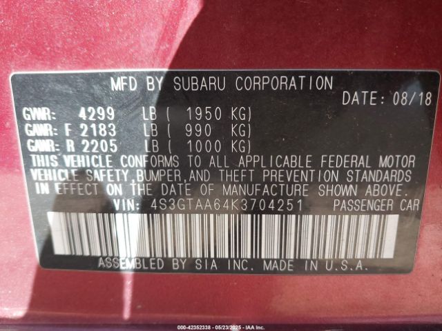 4S3GTAA64K3704251 Subaru 2019