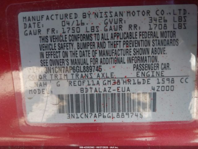 3N1CN7AP6GL889745 Nissan Versa 1.6 S+