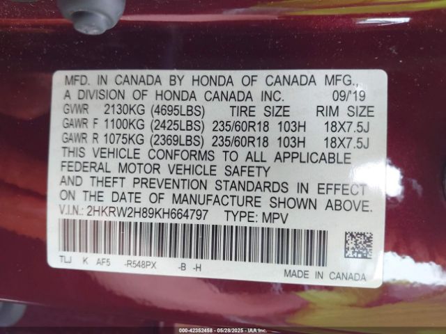 2HKRW2H89KH664797 Honda Cr-v Ex-l