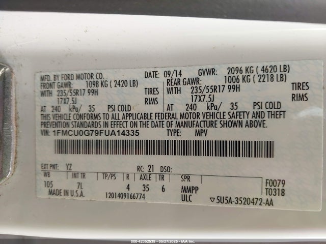 1FMCU0G79FUA14335 Ford ESCAPE SE