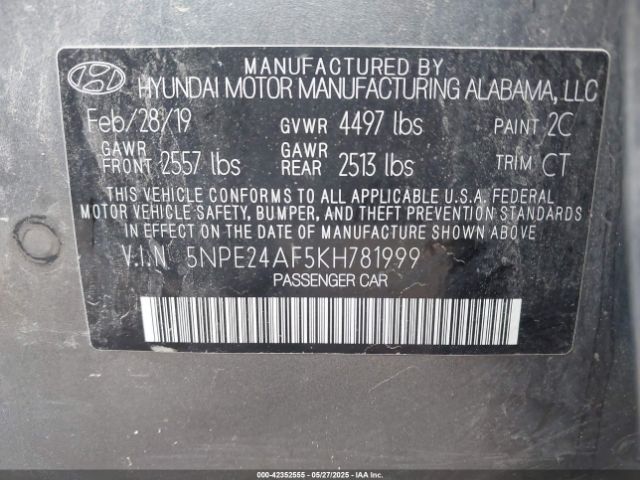 5NPE24AF5KH781999 Hyundai SONATA SE