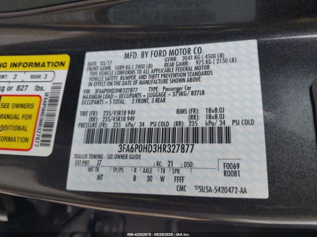 3FA6P0HD3HR327877 Ford FUSION SE