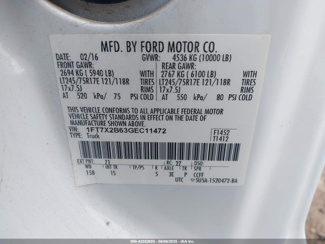 42352605 :رقم المزاد ، 1FT7X2B63GEC11472 vin ، 2016 Ford F-250 Xl مزاد بيع