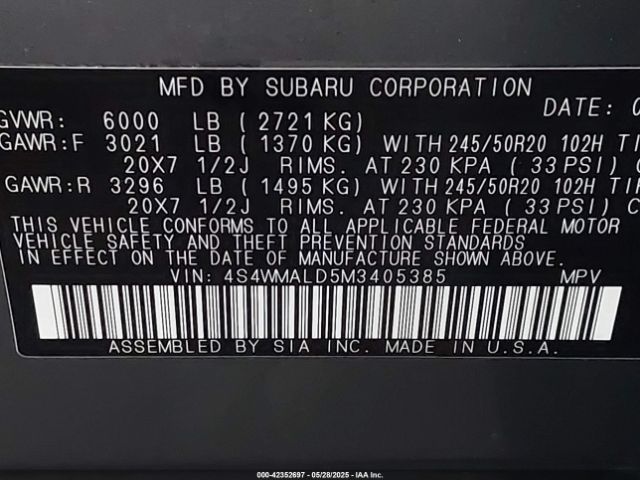 2021 SUBARU ASCENT 4S4WMALD5M3405385 Photo 8