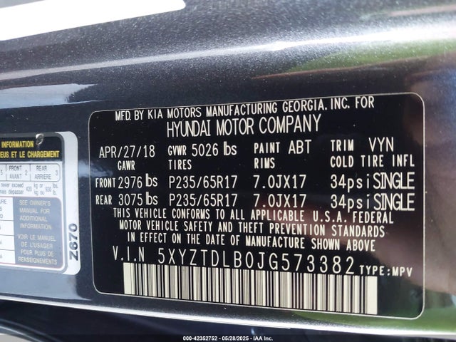 5XYZTDLB0JG573382 Hyundai Santa Fe Sport 2.4l
