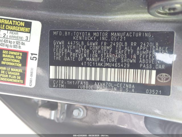 4T1C11AK3MU465429 Toyota CAMRY LE