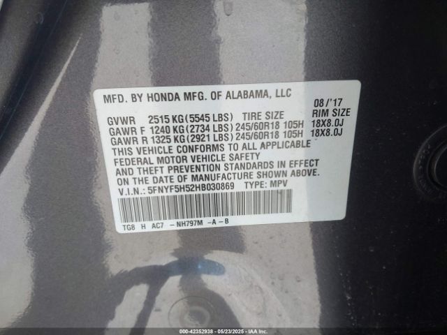 5FNYF5H52HB030869 Honda Pilot Ex-l