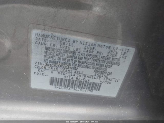 3N1CN7AP3GL814792 Nissan Versa 1.6 S/1.6 S+/1.6 Sl/1.6 Sv