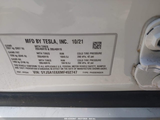2021 TESLA MODEL S 5YJSA1E6XMF452747 Photo 8