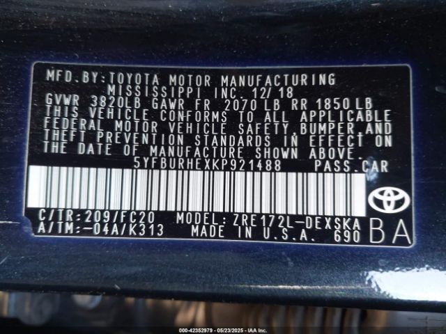 5YFBURHEXKP921488 Toyota Corolla L/le/se/xle/xse