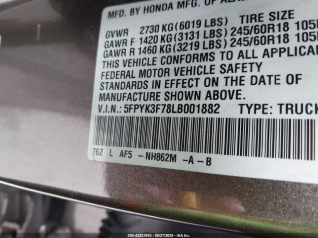 5FPYK3F78LB001882 Honda j35y6