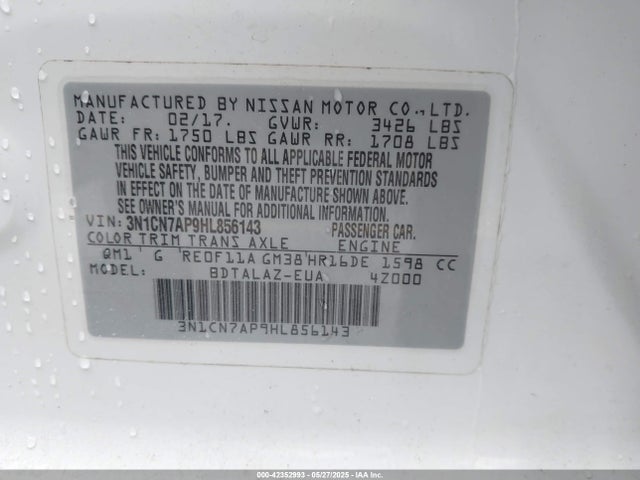 3N1CN7AP9HL856143 Nissan Versa 1.6 S+