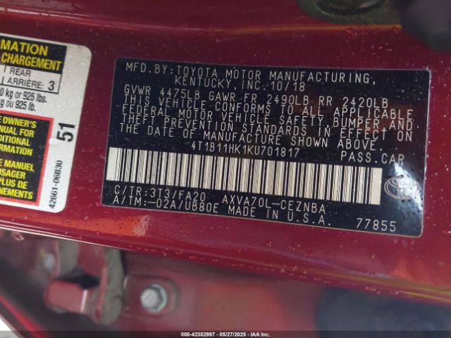 2019 TOYOTA CAMRY 4T1B11HK1KU701817 Photo 8