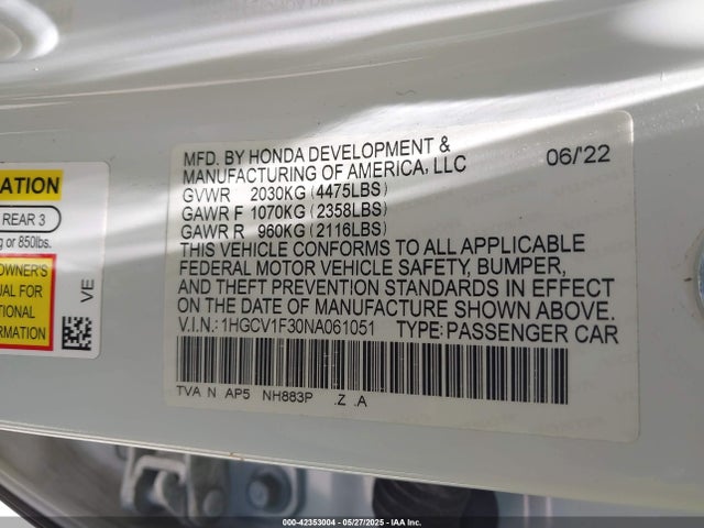 1HGCV1F30NA061051 Honda l15be