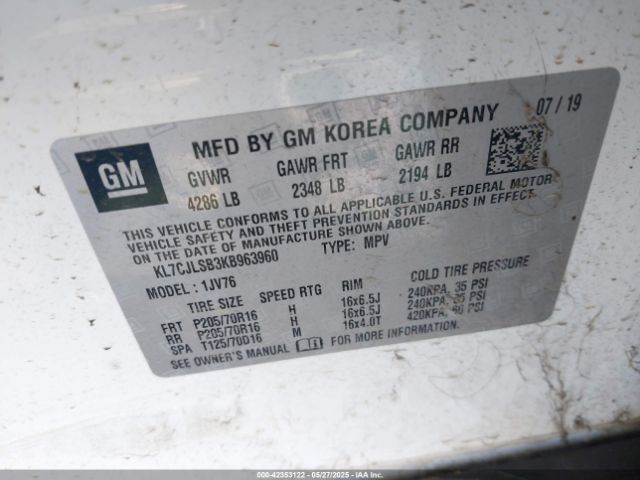 KL7CJLSB3KB963960 Chevrolet Trax Lt