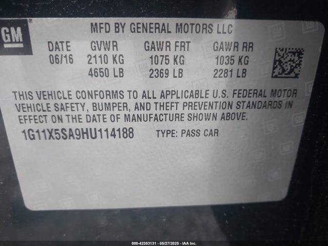 1G11X5SA9HU114188 Chevrolet lcv -sidi: spark ignited direct injection, dcvcp, vvt: variable valve timing, e85 max, e0-e100, alum