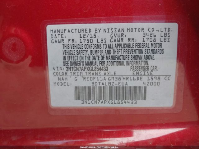 3N1CN7APXGL854433 Nissan Versa