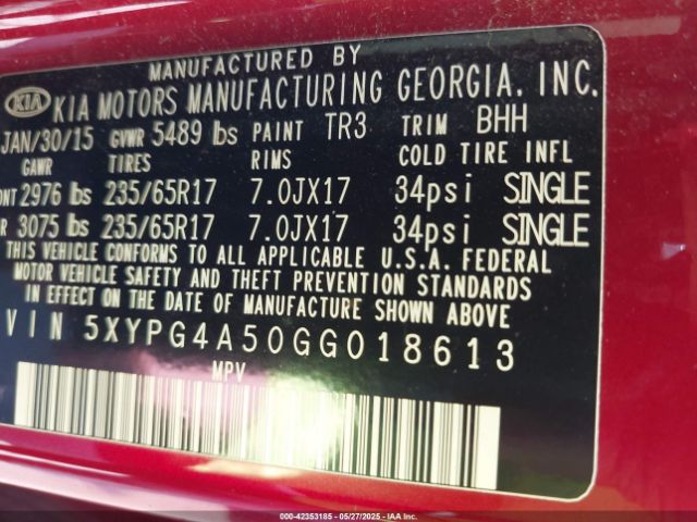 5XYPG4A50GG018613 KIA Sorento 3.3l Lx