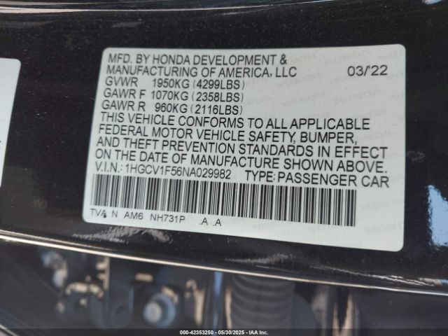 1HGCV1F56NA029982 Honda Accord Ex-l