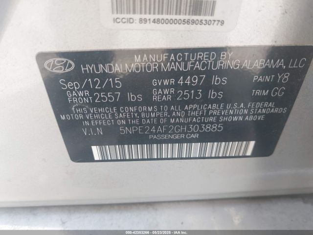 5NPE24AF2GH303885 Hyundai SONATA SE