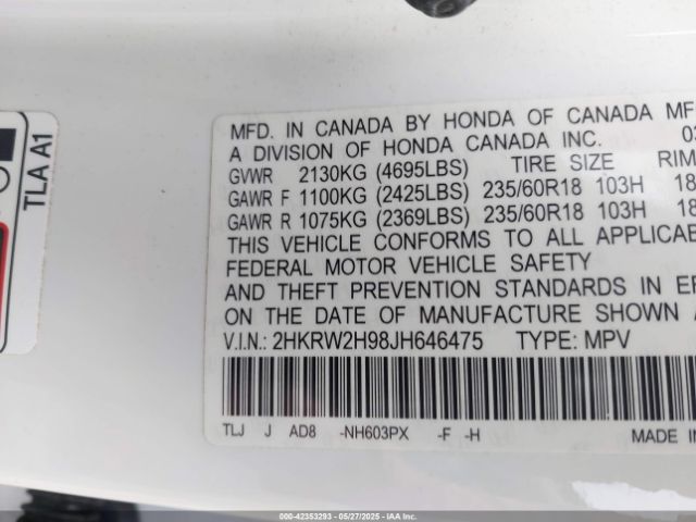 2HKRW2H98JH646475 Honda Cr-v Touring