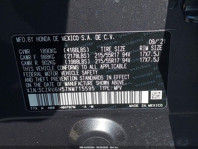 3CZRU6H57NM715595 Honda r18z9
