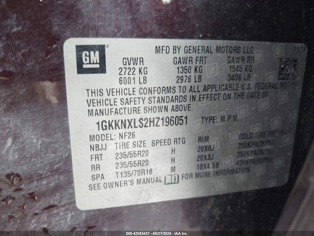 1GKKNXLS2HZ196051 GMC lgx - di: direct injection, vvt: variable valve timing, alum, gen 2