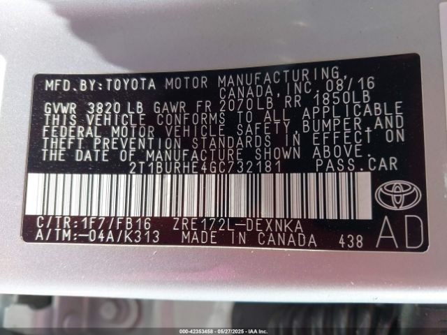 2T1BURHE4GC732181 Toyota COROLLA LE