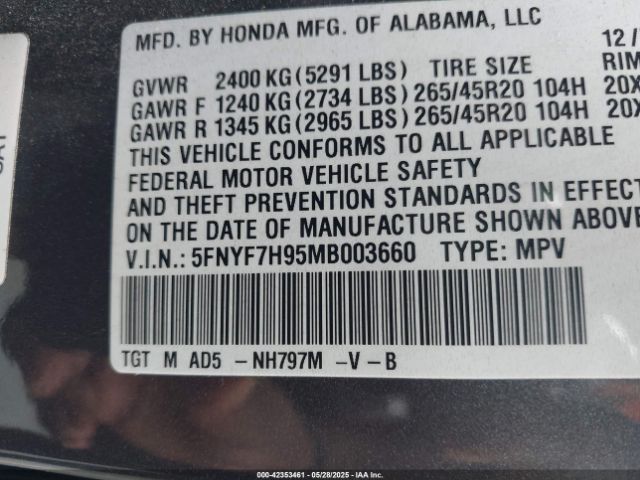 5FNYF7H95MB003660 Honda j35y6