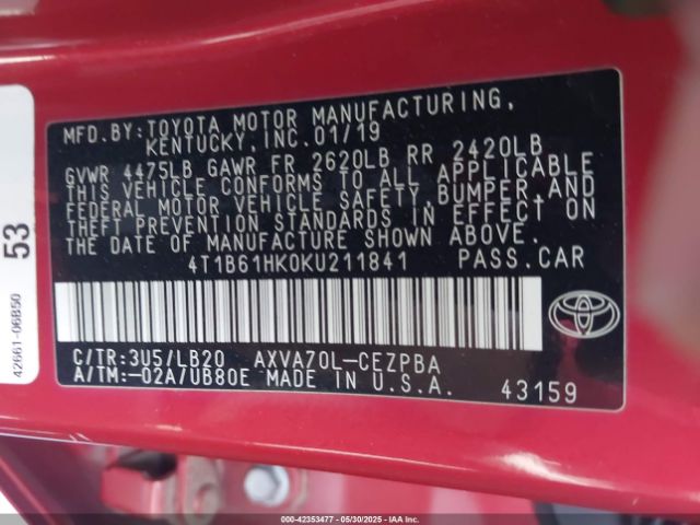 4T1B61HK0KU211841 Toyota CAMRY XSE