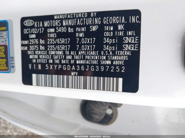 5XYPGDA36JG397252 KIA Sorento 2.4l Lx